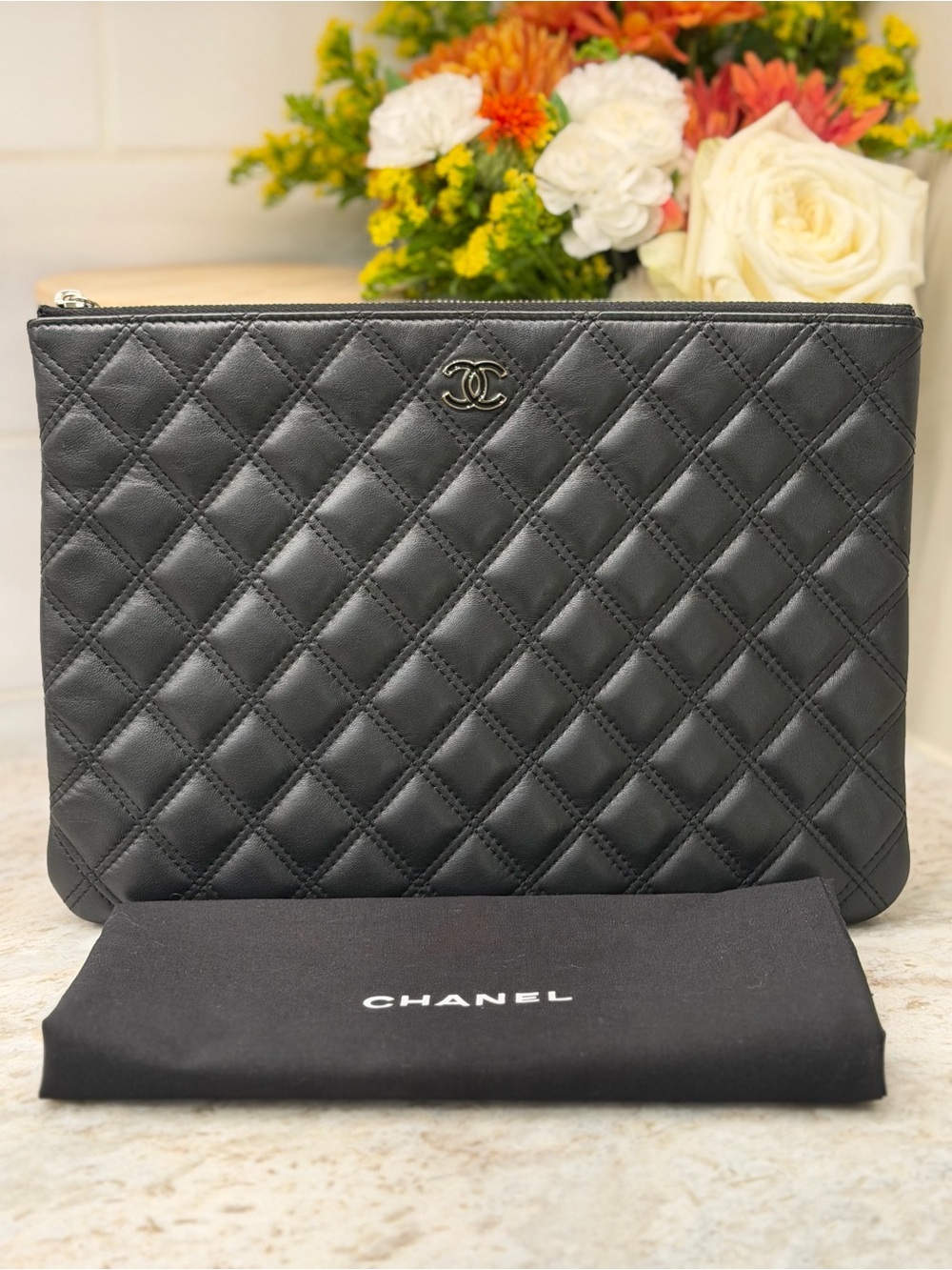 CHANEL Classic O-Case Quilted Pouch Black Lambskin Silver HW - Full Set
